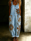 Women's Retro Floral Art Print Washed Cotton Denim Patchwork Jumpsuit
