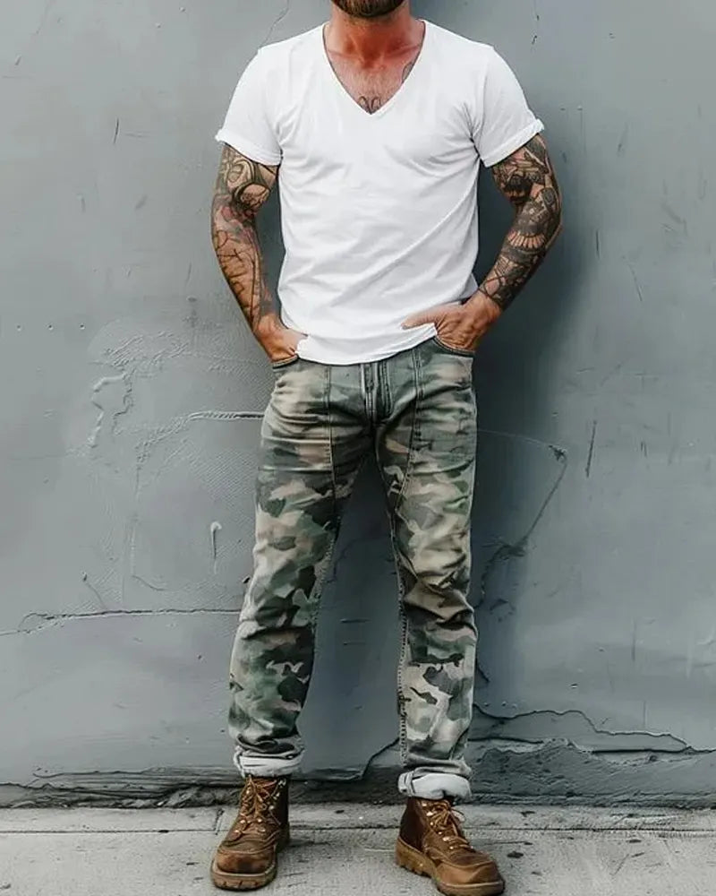 Retro Camouflage Slim-fit Multi-pocket Cargo Pants