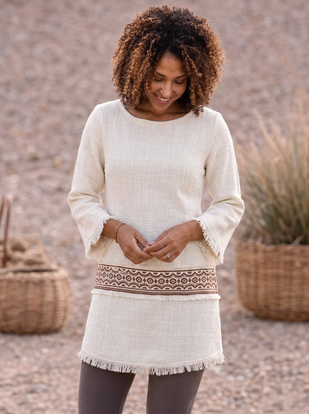 Bohemian Textured Ethnic Ribbon Raw Hem Longline Top