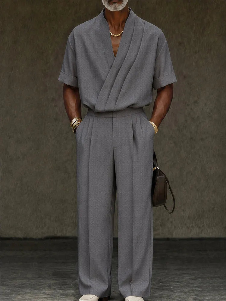 Contemporary Pleated Cross Placket Shirt Pants Set