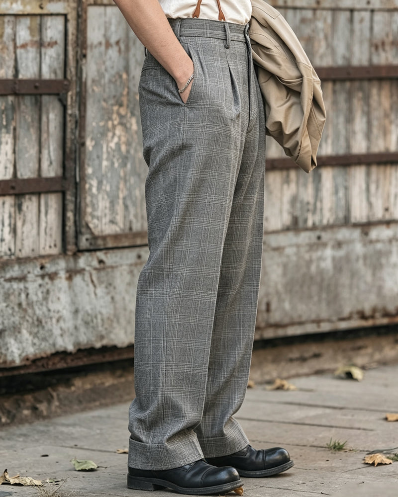 Vintage Gray Prince Of Wales Check Straight Leg Casual Trousers