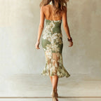 Elegant Floral Halter Neck Slim Fit Midi Dress