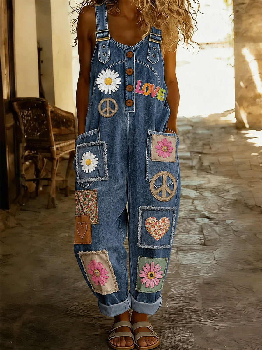Women's Retro Style Art Print Washed Cotton Denim Patchwork Jumpsuit