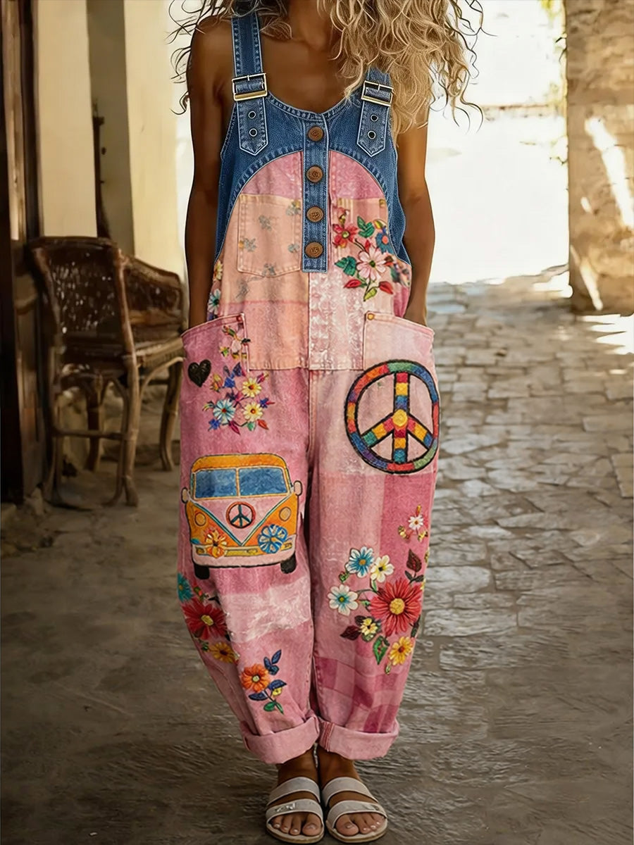 Women's Hippy Art Print Washed Cotton Denim Patchwork Jumpsuit