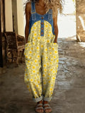Women's Retro Floral Color-Blocked Art Print Washed Cotton Denim Patchwork Jumpsuit