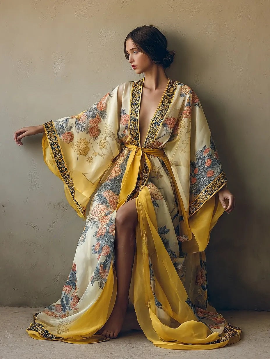 Women's Yellow Floral Impact Kimono Light Chiffon Robe (Including Belt)