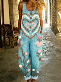 Women's Boho Color Art Print Washed Cotton Denim Patchwork Jumpsuit