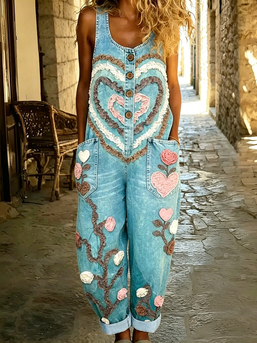 Women's Boho Color Art Print Washed Cotton Denim Patchwork Jumpsuit