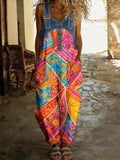 Women's Boho Color Art Print Washed Cotton Denim Patchwork Jumpsuit