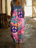 Women's Retro Floral Color-Blocked Art Print Washed Cotton Denim Patchwork Jumpsuit