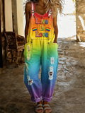 Women's Retro Pride Month Rainbow Art Print Washed Cotton Denim Patchwork Jumpsuit