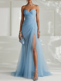 Tulle Slit Sheath Gown Dress