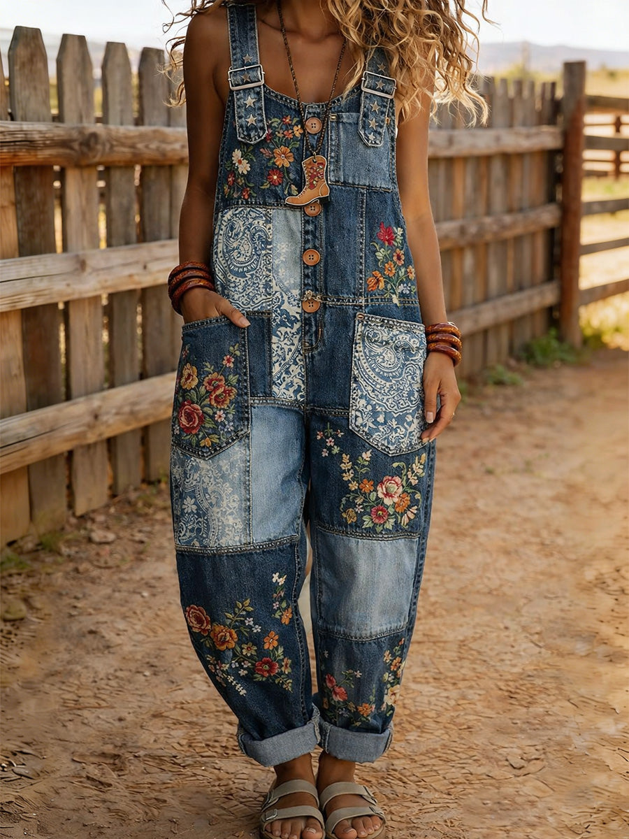 Women's Retro Floral Color-Blocked Art Print Washed Cotton Denim Patchwork Jumpsuit