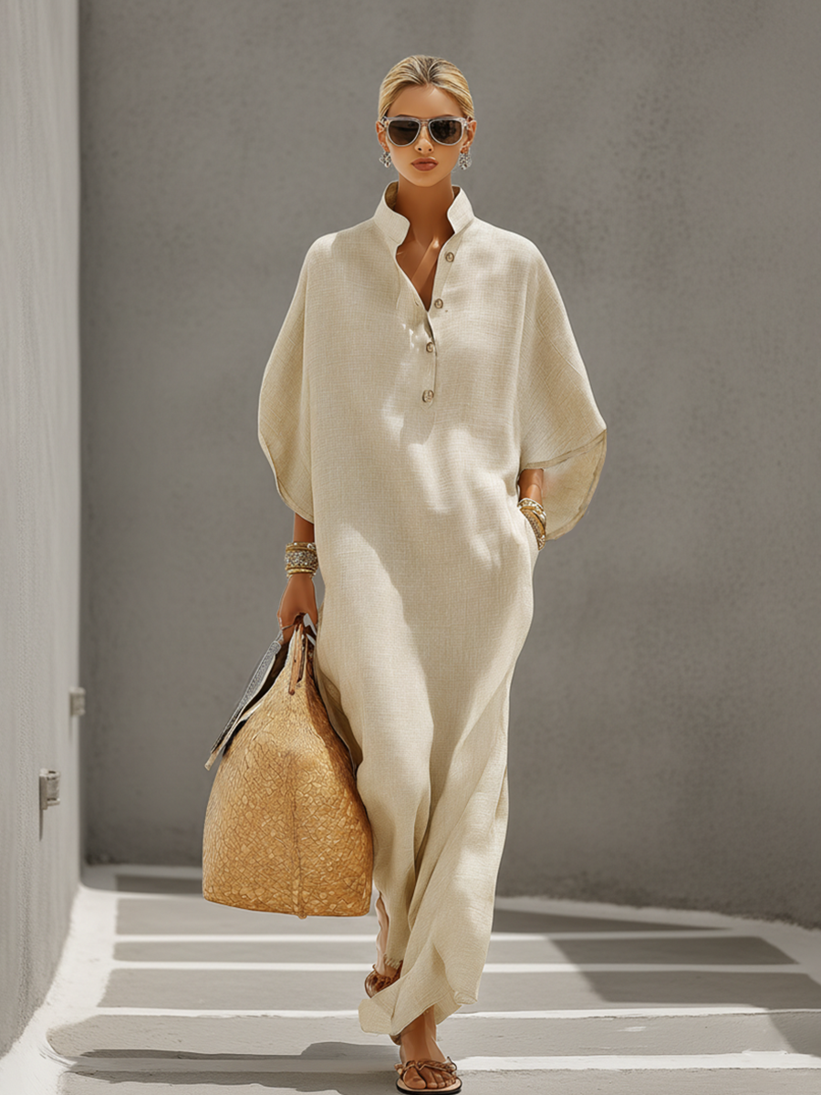 Mandarin Collar Linen Maxi Dress