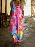 Women's Retro Style Art Print Washed Cotton Denim Patchwork Jumpsuit
