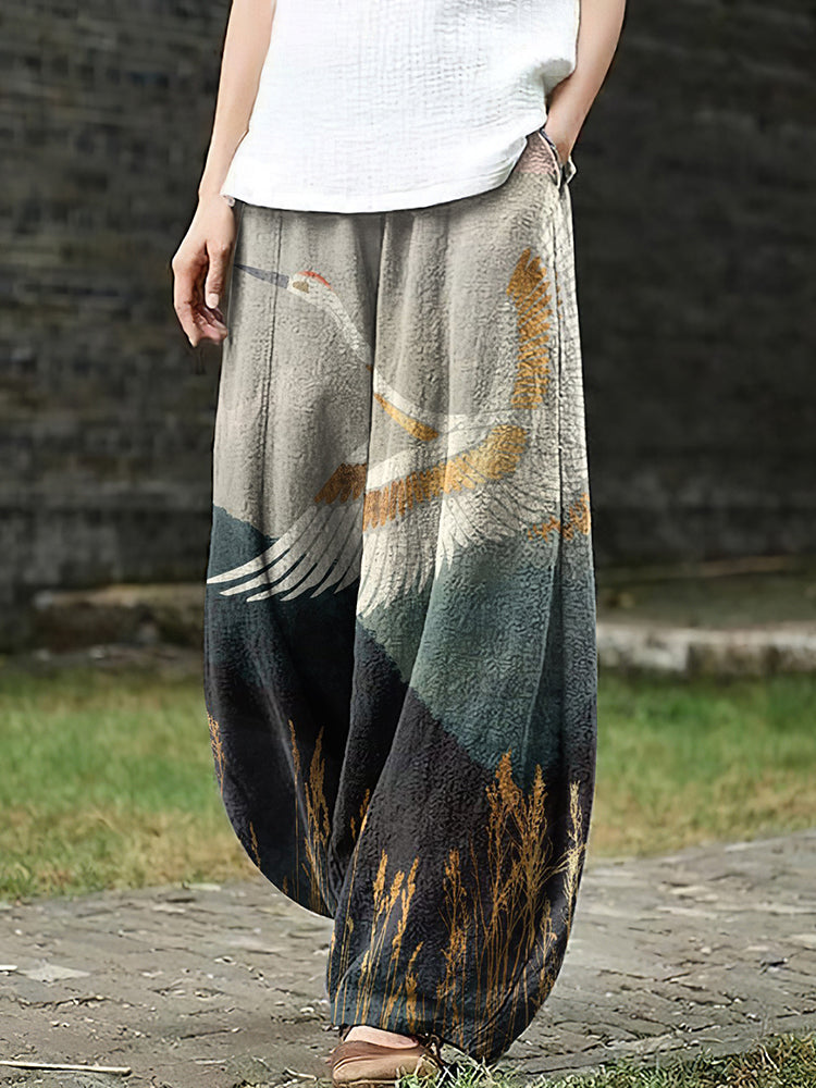 Women's Japanese Crane Gold Foil Art Pocket Loose Casual Pants