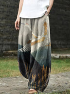 Women's Japanese Crane Gold Foil Art Pocket Loose Casual Pants