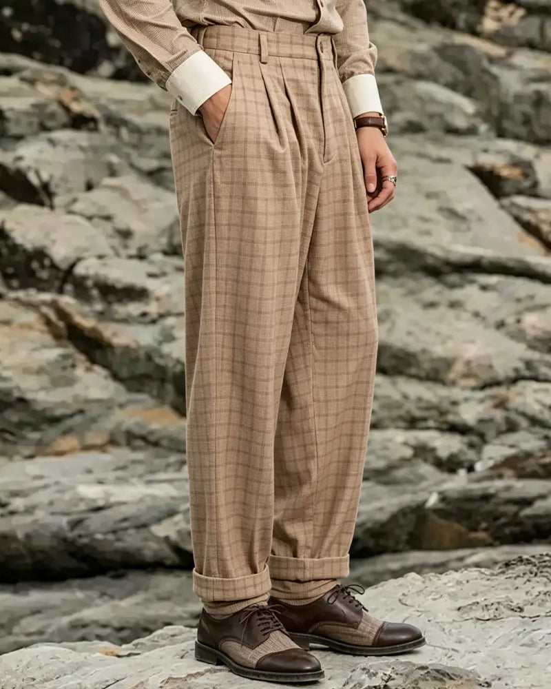 Vintage Brown Plaid Wide-leg Casual Pants