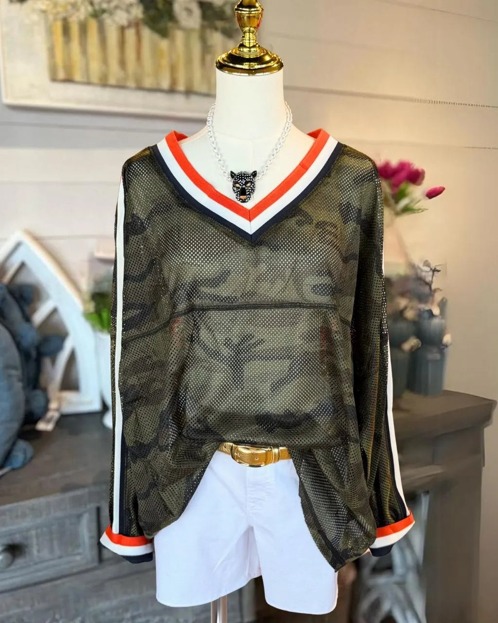 Camo Mesh Contrast Trim Pullover