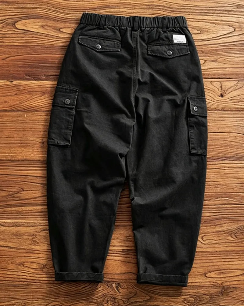 Vintage Washed Black Multi Flap Pocket Wide Leg Military Utilitarian Cargo Pants