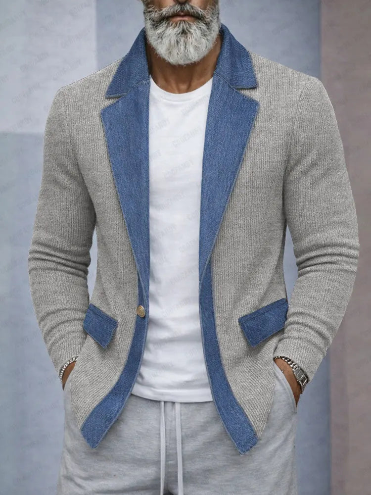 Stylish Contrast Denim Panel Knit Blazer