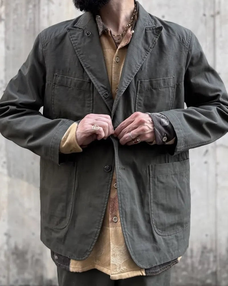 Vintage Blue-grey Multi-pocket Single-breasted Blazer