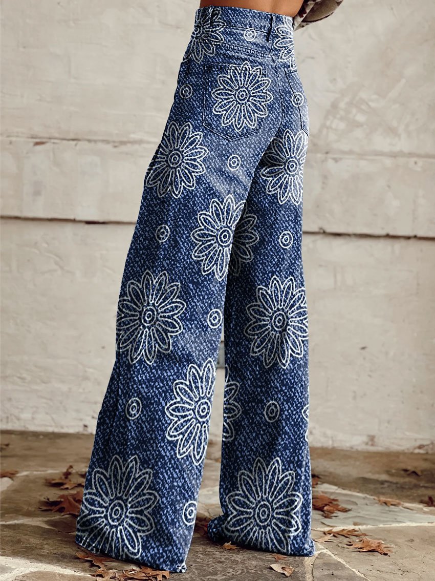 Women's Vintage Flower Print Casual Wide Leg Pants
