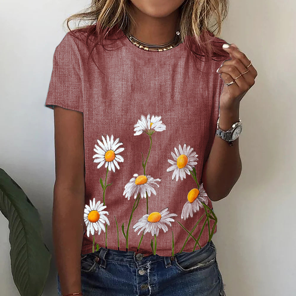Floral Round Collar Print Pullover T-Shirt