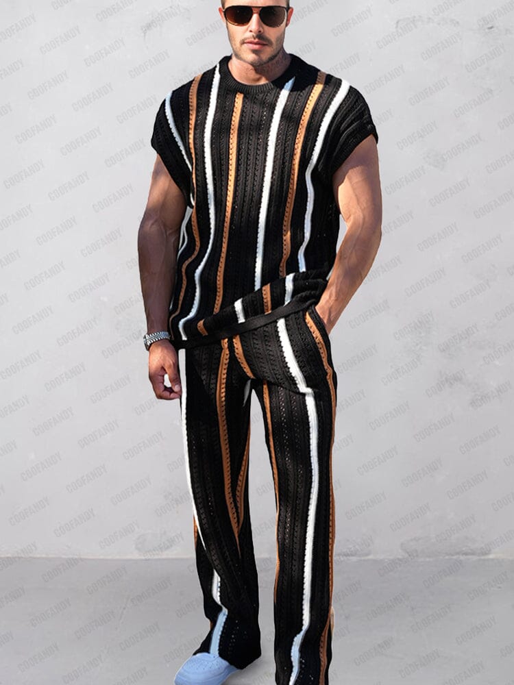 Trendy Stripes Openwork Knit Set