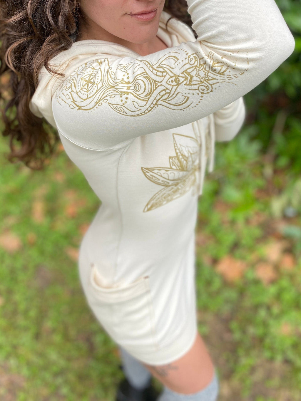 The Lotus - Portal Dress / Cotton Natural Cowl Hooded Dress with Pockets/ Sacred Geometry