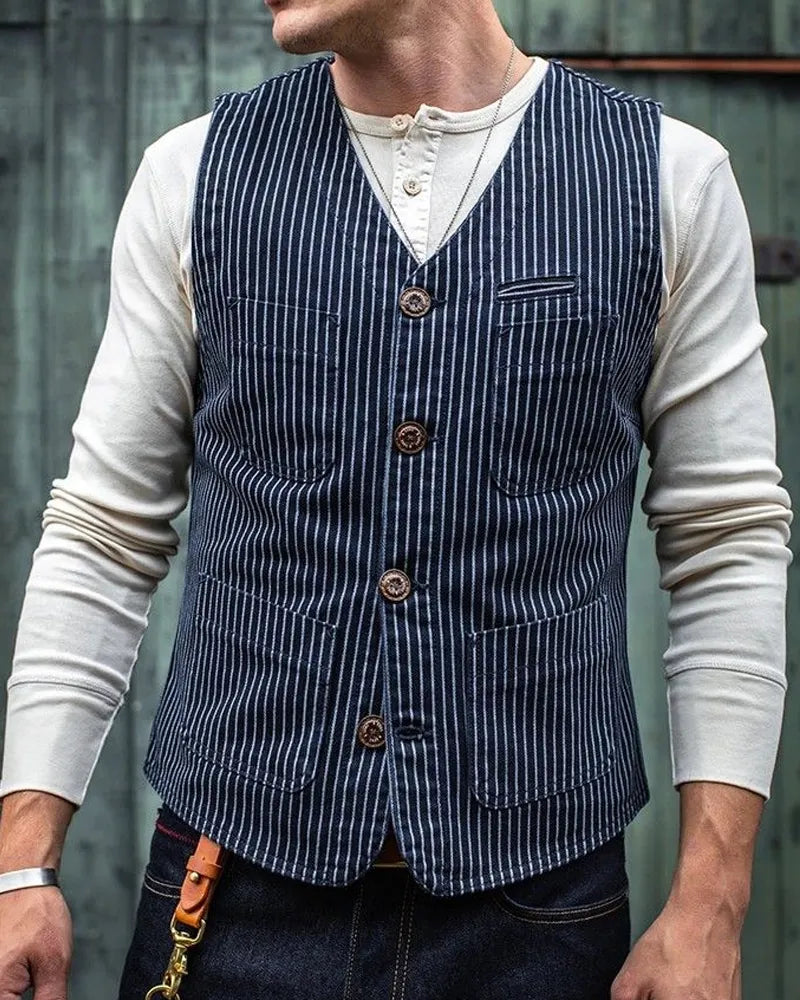 Vintage Pinstripe Denim Single-breasted Vest
