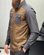 Vintage Brown Charcoal Spliced Panel Dual Chest Pocket Long Sleeve Shirt