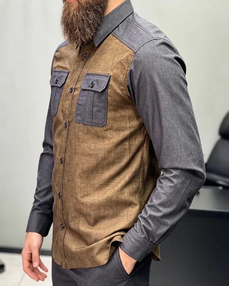 Vintage Brown Charcoal Spliced Panel Dual Chest Pocket Long Sleeve Shirt