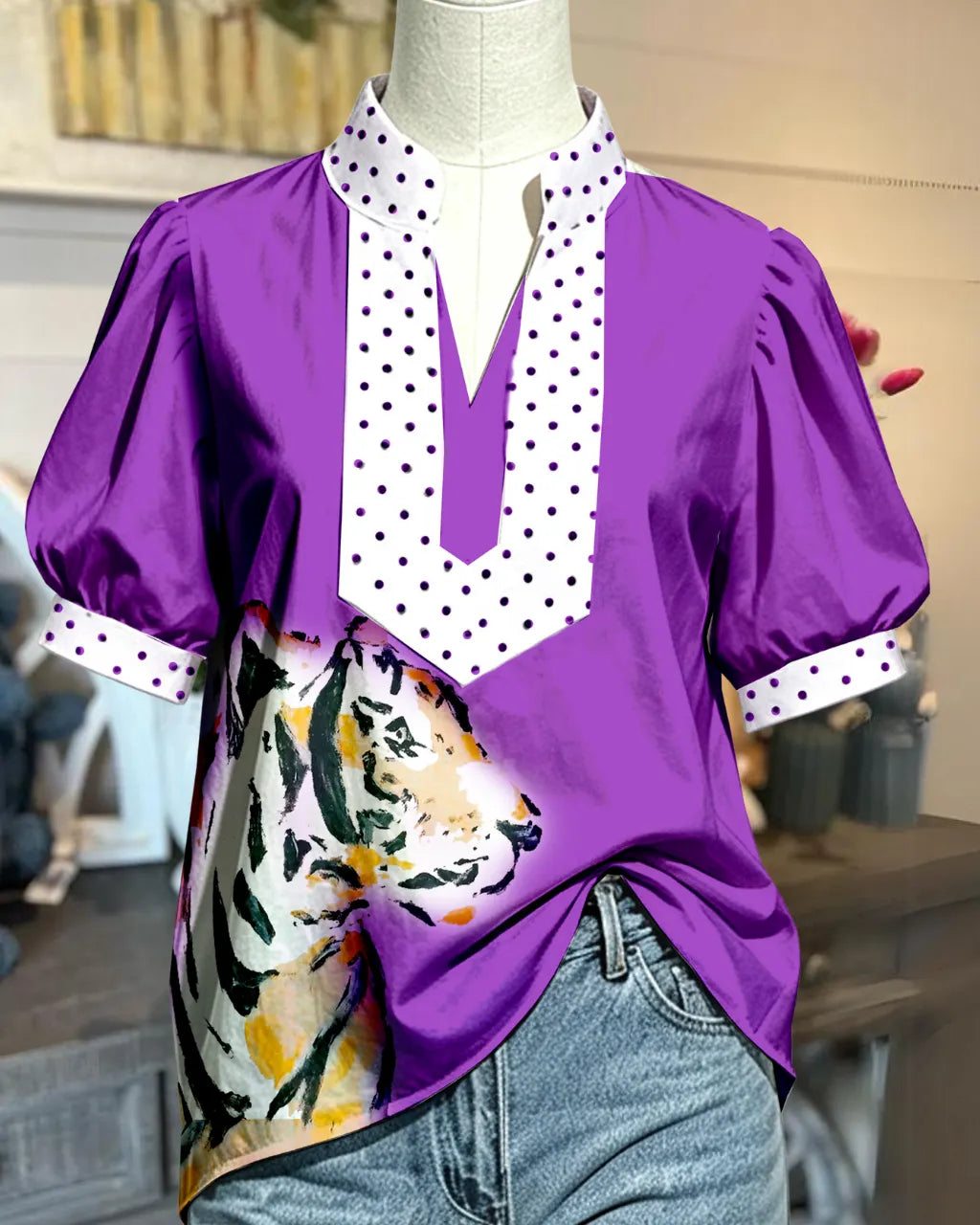 Polka Dot Trim Tiger V-neck Satin Top