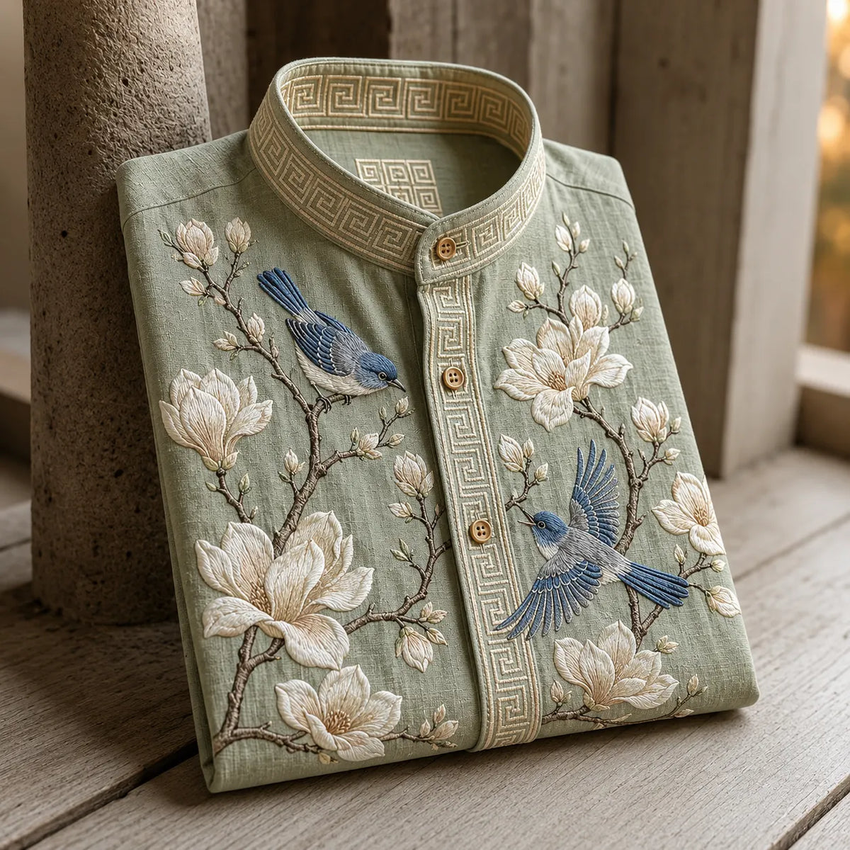 Men's Retro Magnolia & Bluebird Oriental Style Print Casual Shirt