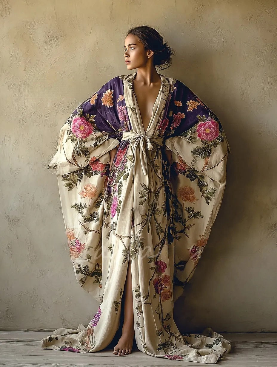 Women's Flower Purple Kimono Linen Robe (Including Belt)