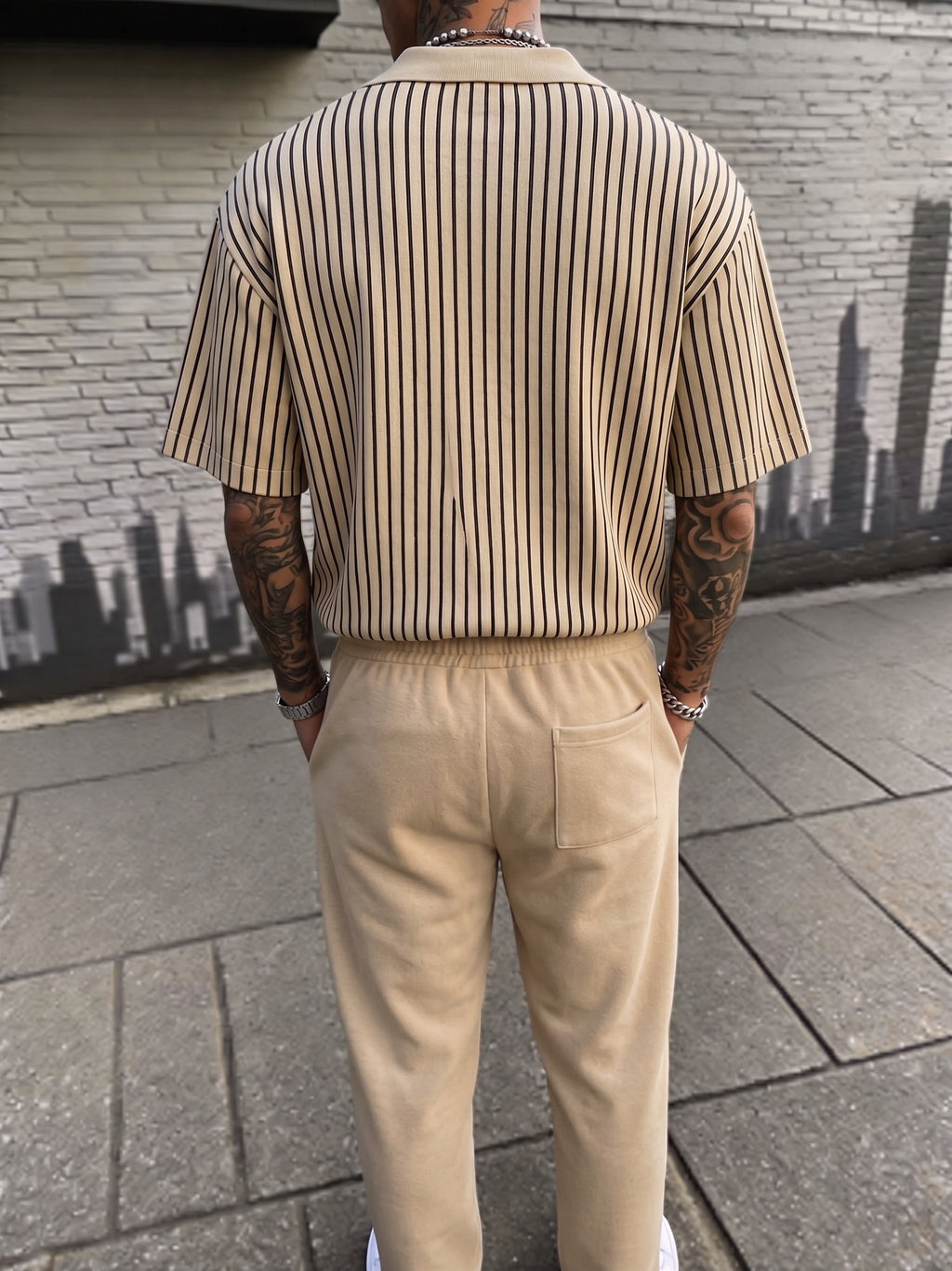 Vertical Striped Polo Shirt and Trousers 2 Piece Set