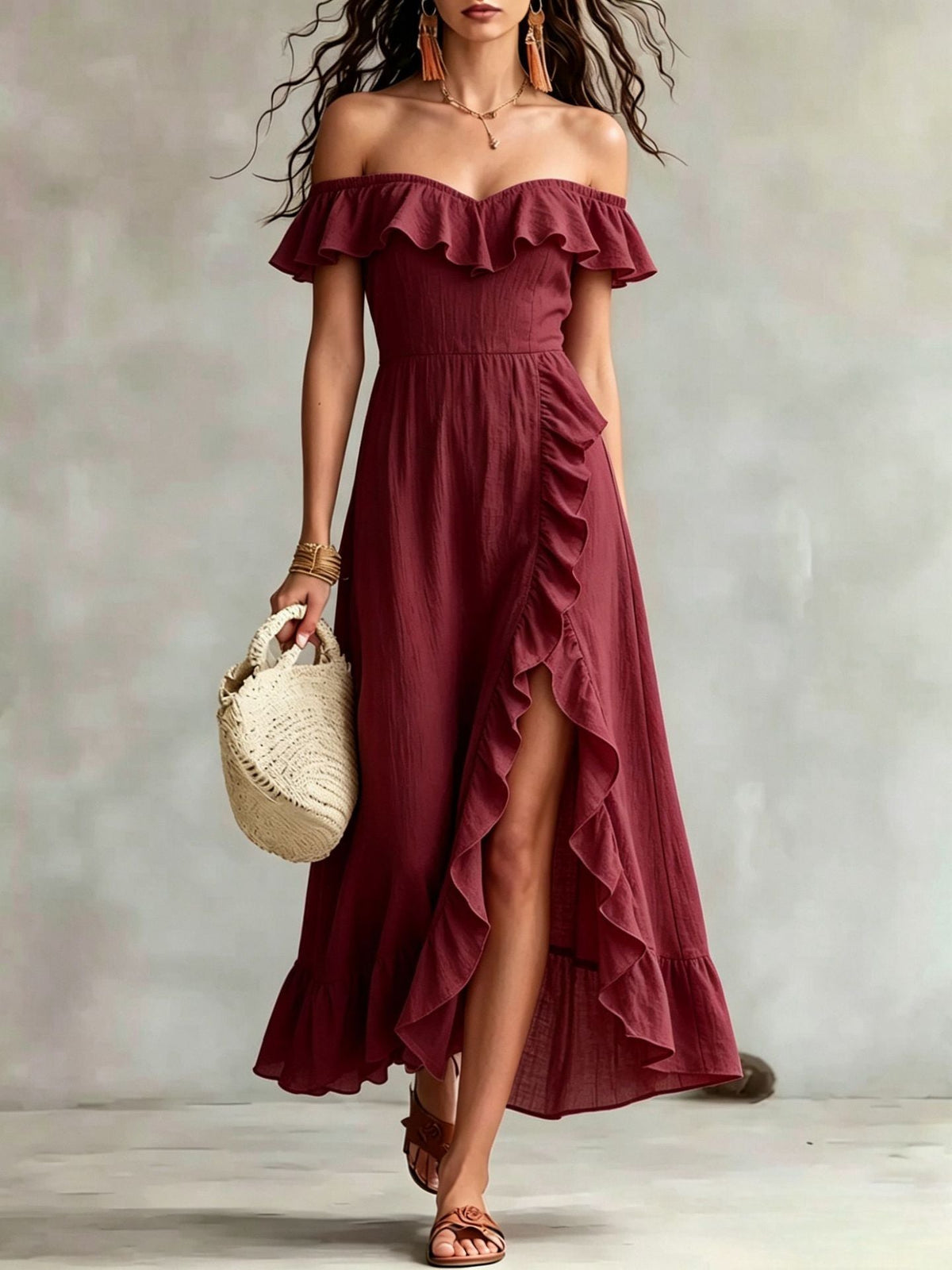Women's Summer Cotton Off Shoulder Ruffled Ruched Flowy Maxi Dress