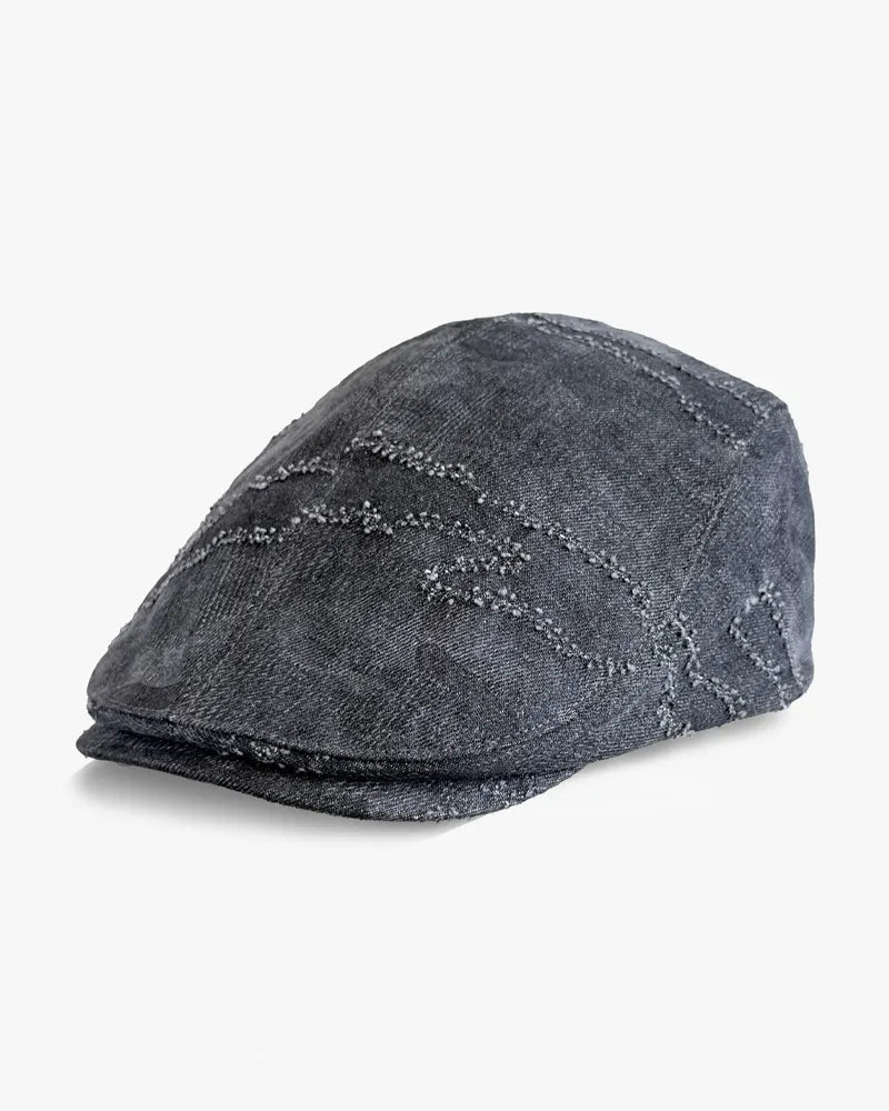 Vintage Washed Distressed Textured©\Stitch Embellished Denim Ivy Flat Cap