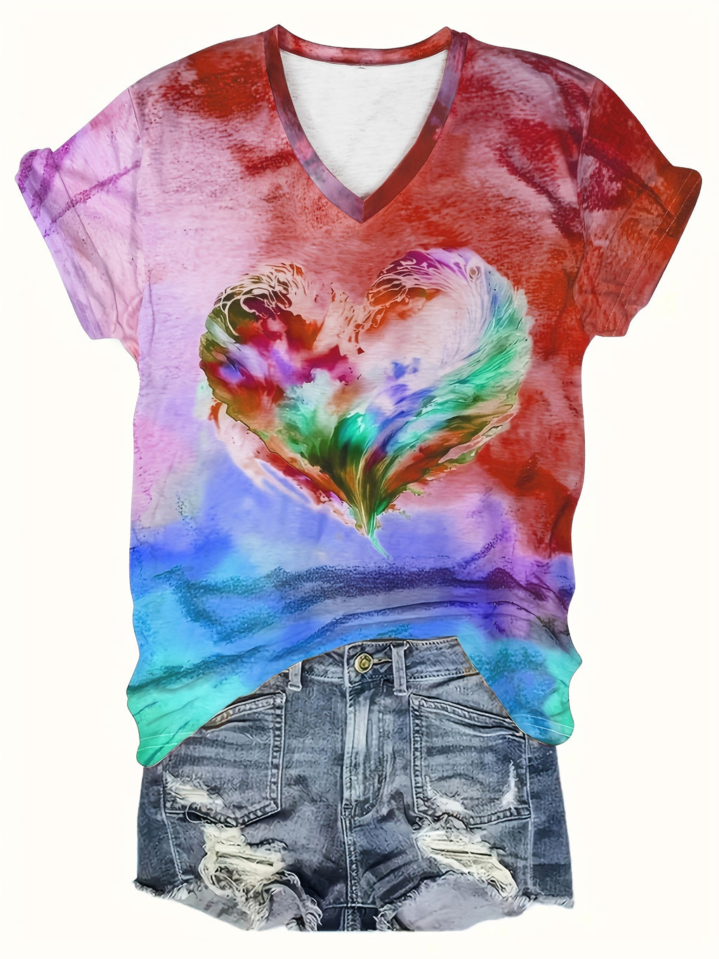 Heart Print V Neck T-Shirt, Casual Short Sleeve T-Shirt For Summer, Women's Clothing