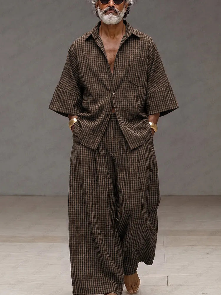 Vintage Loose Plaid Shirt and Wide-Leg Pants Set