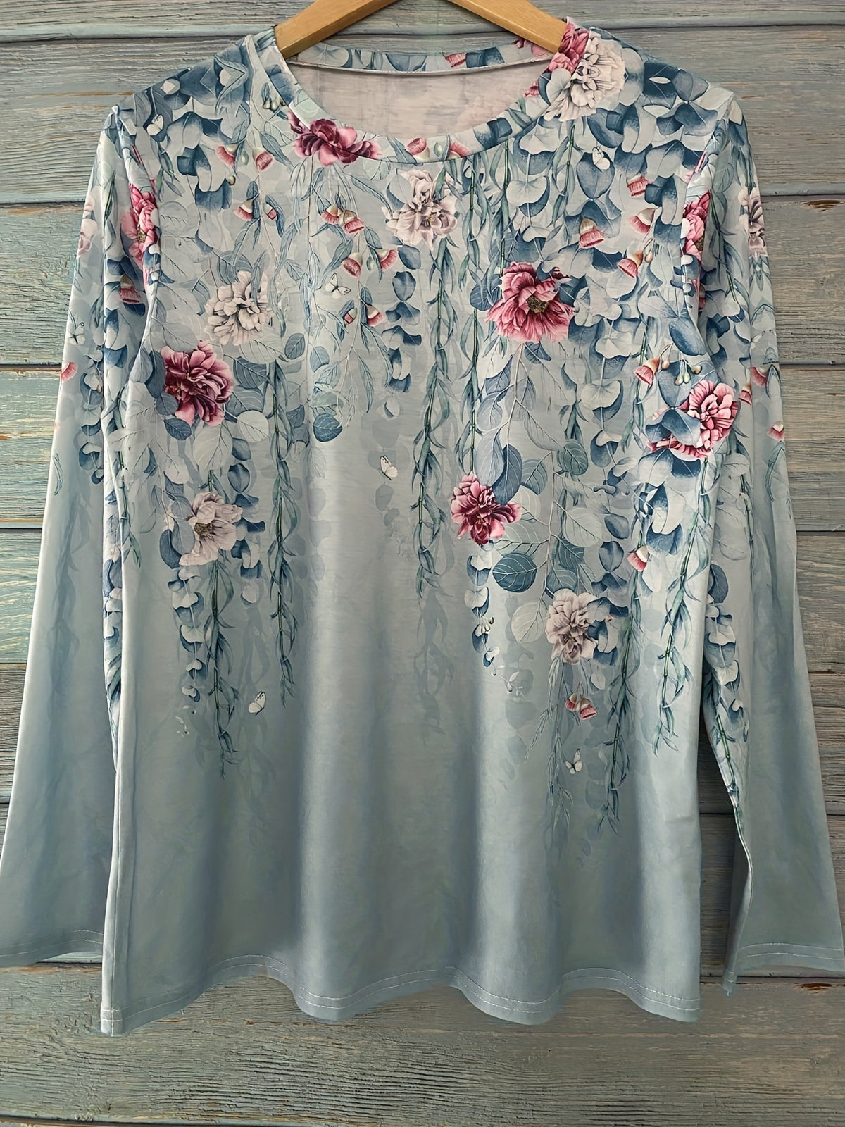 Floral Print Crew Neck T-Shirt, Casual Long Sleeve T-Shirt For Spring & Fall, Women's Clothing