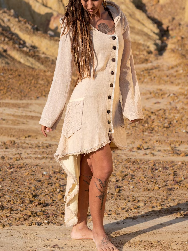 Elven Cotton Hood Jacket: Raw Spring Summer Jacket With Pockets