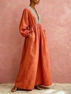 Bohemian Retro V-neck Cotton-linen Maxi Dress