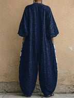 Exotic Floral Decorative Patterns Women's Long Sleeve V Collar Cotton Linen Jumpsuit