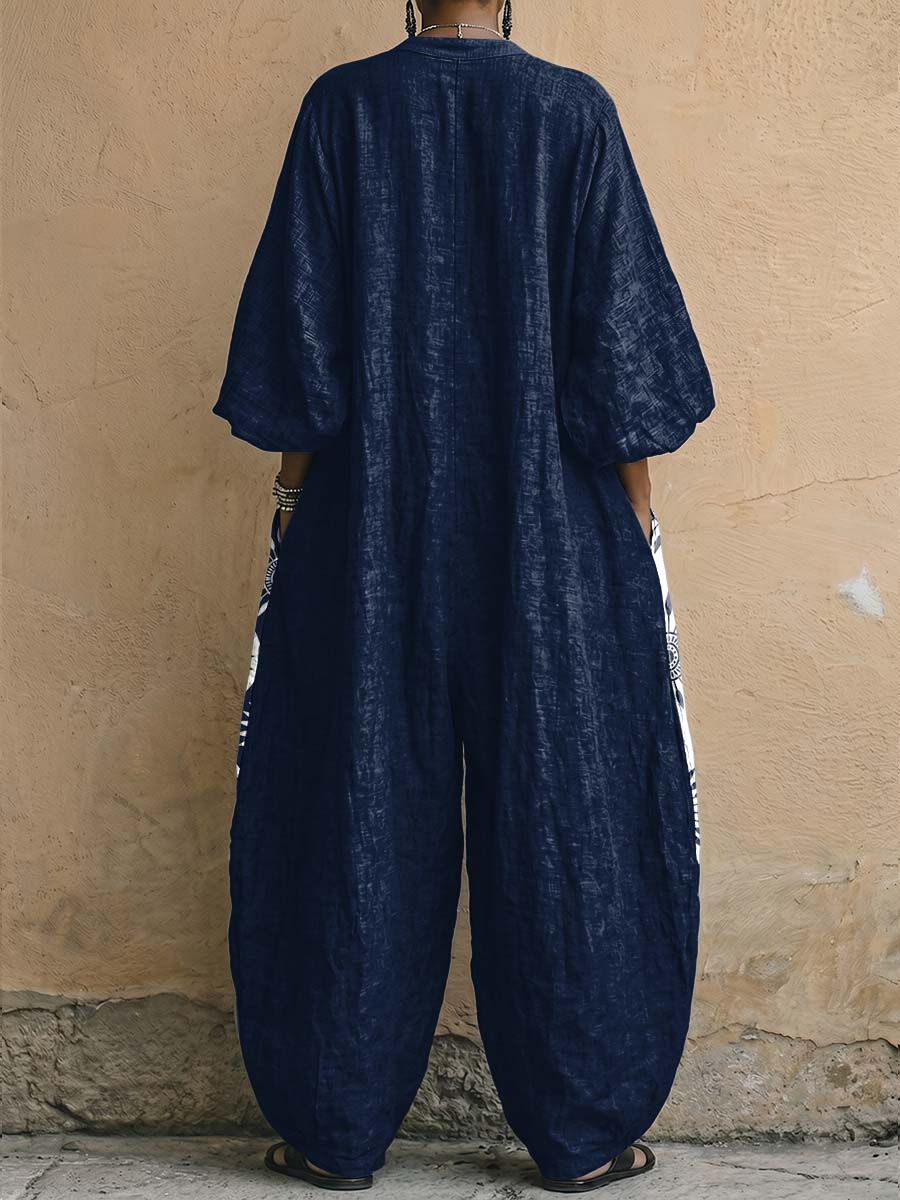 Exotic Floral Decorative Patterns Women's Long Sleeve V Collar Cotton Linen Jumpsuit