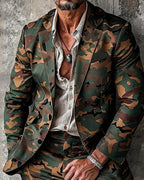 Men's Green Camouflage Print Single-breasted 2-piece Suit