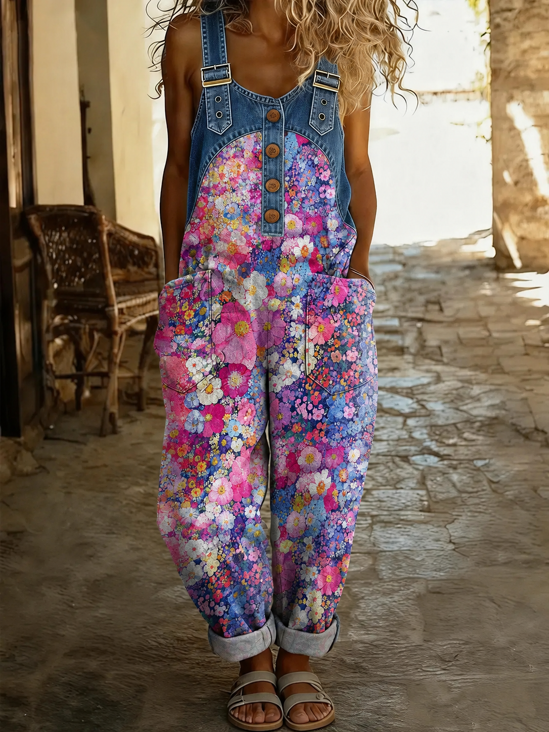 Floral Art Print Denim Patchwork Jumpsuit
