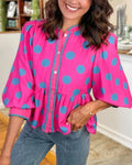 Contrast Polka-Dot Puff-Sleeve Blouse