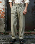 Vintage Sage Green Striped Front Patch Pocket Trousers